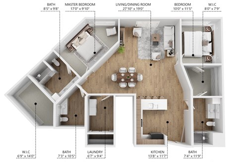 Floor plan for 2 beds, 2.5 baths, 1400 sqft